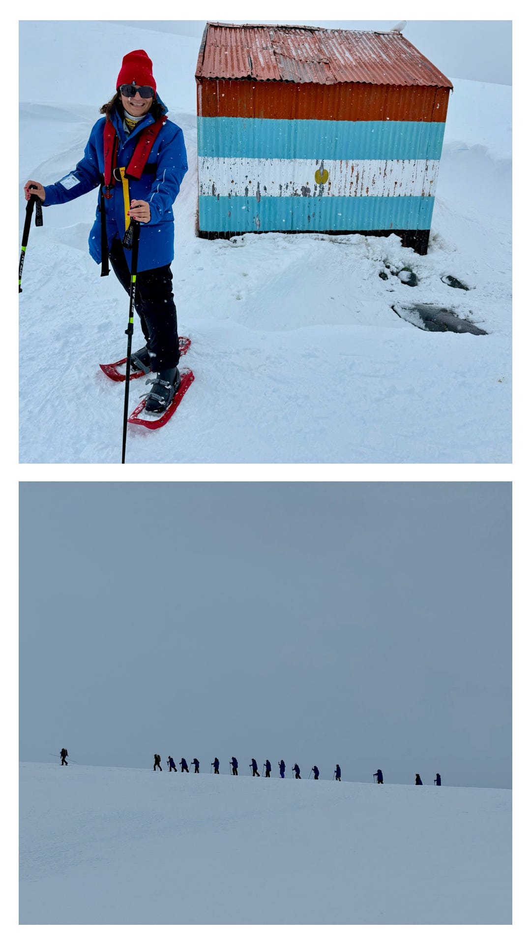 En la foto superior, la autora de este artículo posa con raquetas de nieve delante de una caseta refugio argentina que tiene pintada su bandera. En la foto inferior, en un fondo de nieve absoluta se ve un grupo de senderistas con palos y raquetas de nieve caminando en fila. Fotos propias.