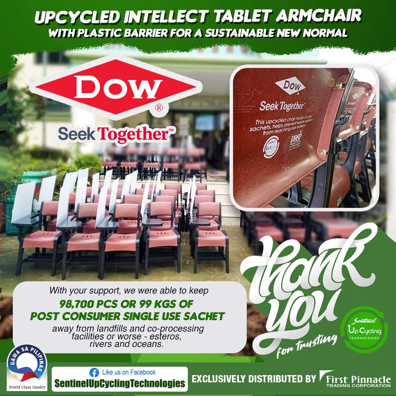 May be an image of text that says 'UPCYCLED INTELLECT TABLET ARMCHAIR WITH PLASTIC BARRIER FOR A SUSTAINABLE NEW NORMAL Dow Dow Seek Together Seek Together™ helosproos With your support, we were able to keep HaaR 98,700 PCS OR 99 KGS OF POST CONSUMER SINGLE USE SACHET away from landfills and co-processing you Sontinel facilitie worse esteros, TECHNOLOGIES rivers and oceans. for trusting UpCycling f Like on Facebook World Class Quality SentinelUpCyclingTechnologies EXCLUSIVELY DISTRIBUTED BY First Pinnacle TRADING CORPORATION' May be an image of text that says 'UPCYCLED INTELLECT TABLET ARMCHAIR WITH PLASTIC BARRIER FOR A SUSTAINABLE NEW NORMAL Dow Dow Seek Together Seek Together™ helosproos With your support, we were able to keep HaaR 98,700 PCS OR 99 KGS OF POST CONSUMER SINGLE USE SACHET away from landfills and co-processing you Sontinel facilitie worse esteros, TECHNOLOGIES rivers and oceans. for trusting UpCycling f Like on Facebook World Class Quality SentinelUpCyclingTechnologies EXCLUSIVELY DISTRIBUTED BY First Pinnacle TRADING CORPORATION'
