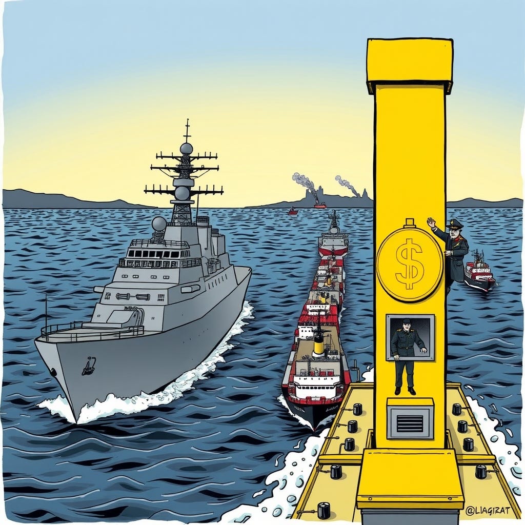 Single-panel editorial cartoon, bold ink linework and flat color, satirical style. In a narrow sea strait, a massive gray battleship bristling with cannons looms beside a bright yellow-and-black strip