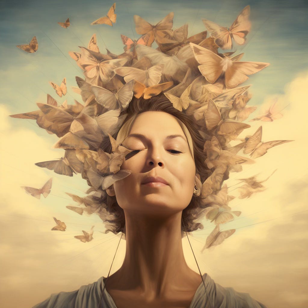 Woman with long neck with butterflies around and on top of her head movving towards the sky
