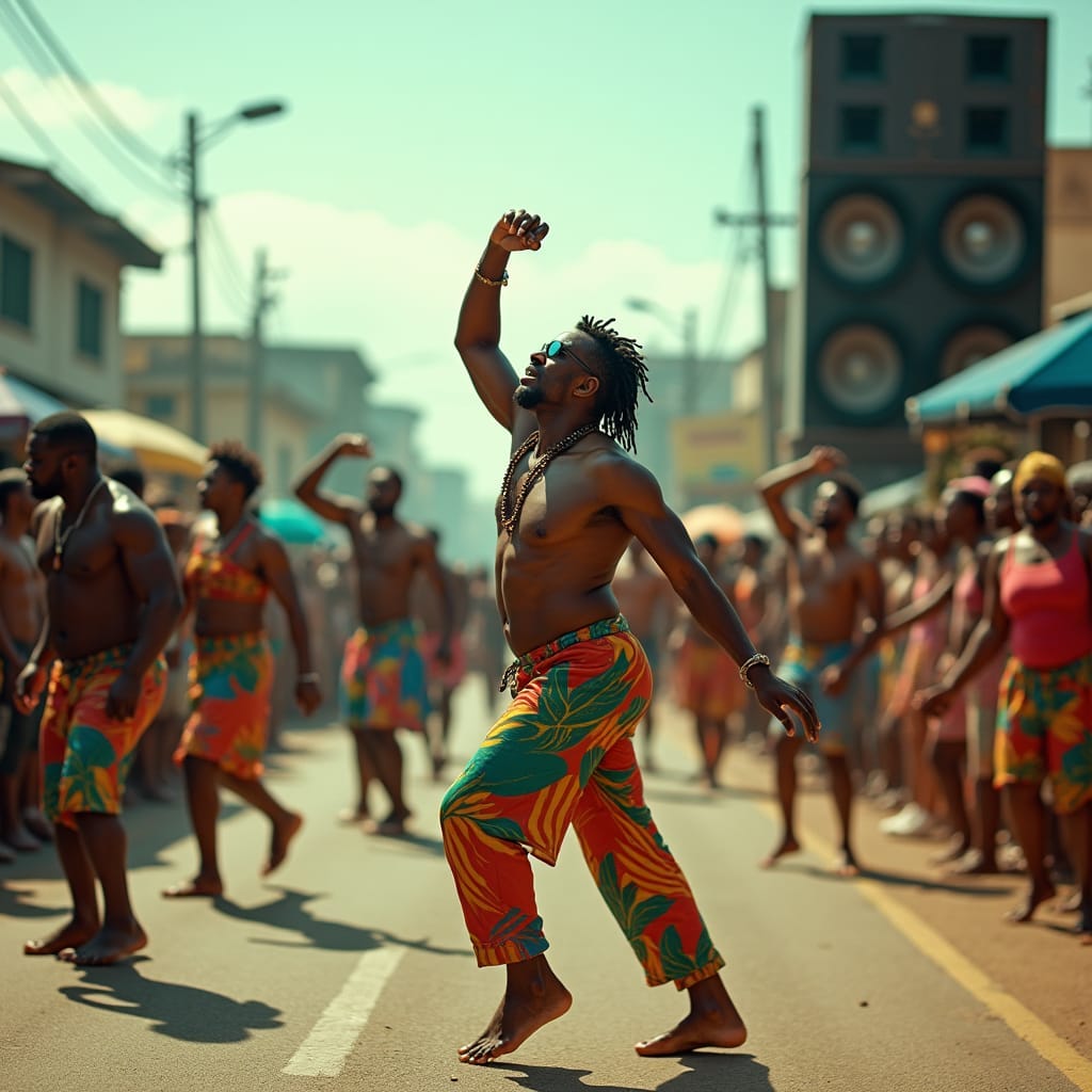 Vibrant street dancers in the midst of an energetic performance, surrounded by a lively Jamaican crowd, as a massive sound system towers at the side of the road, blasting infectious rhythms into the air.