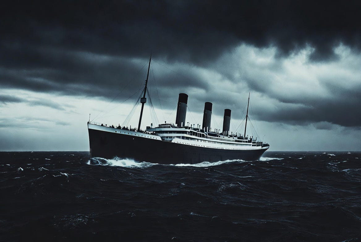  The RMS Titanic viewed from a low angle at sea, dramatic dark sky, hull towering above dark ocean water