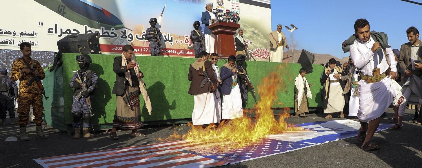 Houthi supporters burn Israeli and American flags during an anti-Israel rally in Sanaa, Yemen, Friday, Dec. 27, 2024. Houthi supporters burn Israeli and American flags during an anti-Israel rally in Sanaa, Yemen, Friday, Dec. 27, 2024. - Sputnik International, 1920, 03.01.2025