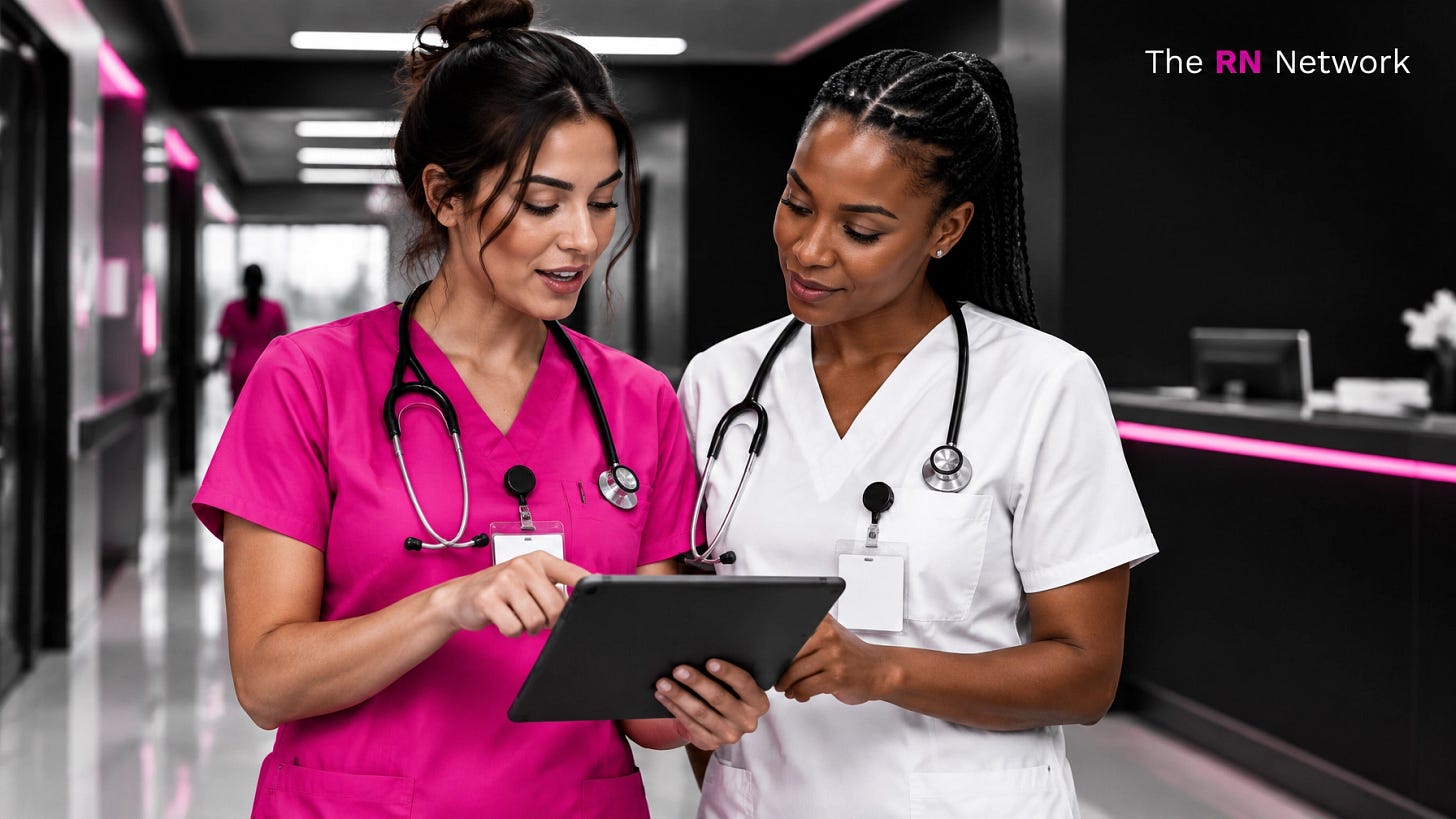 Two nurses, one in pink scrubs and one in white, discuss a job posting on a tablet in a hospital corridor, with The RN Network logo Two nurses, one in pink scrubs and one in white, discuss a job posting on a tablet in a hospital corridor, with The RN Network logo