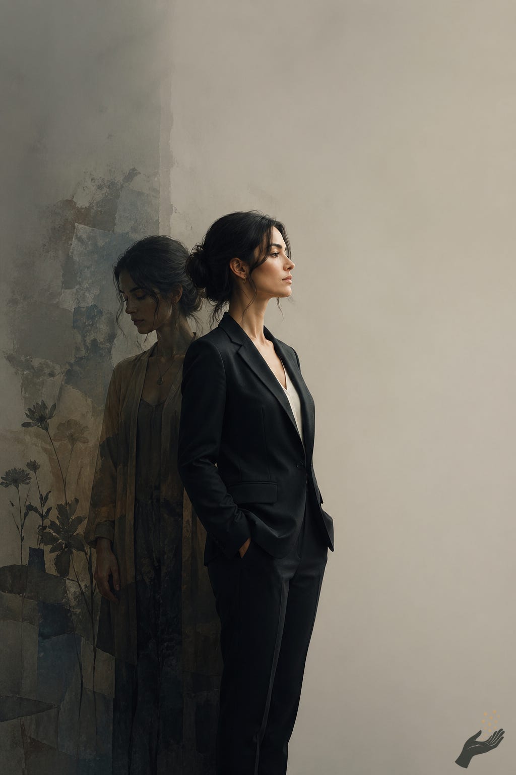 The fluent self steps forward, polished enough to be believed, practiced enough to speak for the rest. Alt text: A composed person in a dark suit stands in profile with hands in pockets. Behind them, a softer translucent version of the same person blends into a textured wall with muted floral imagery.