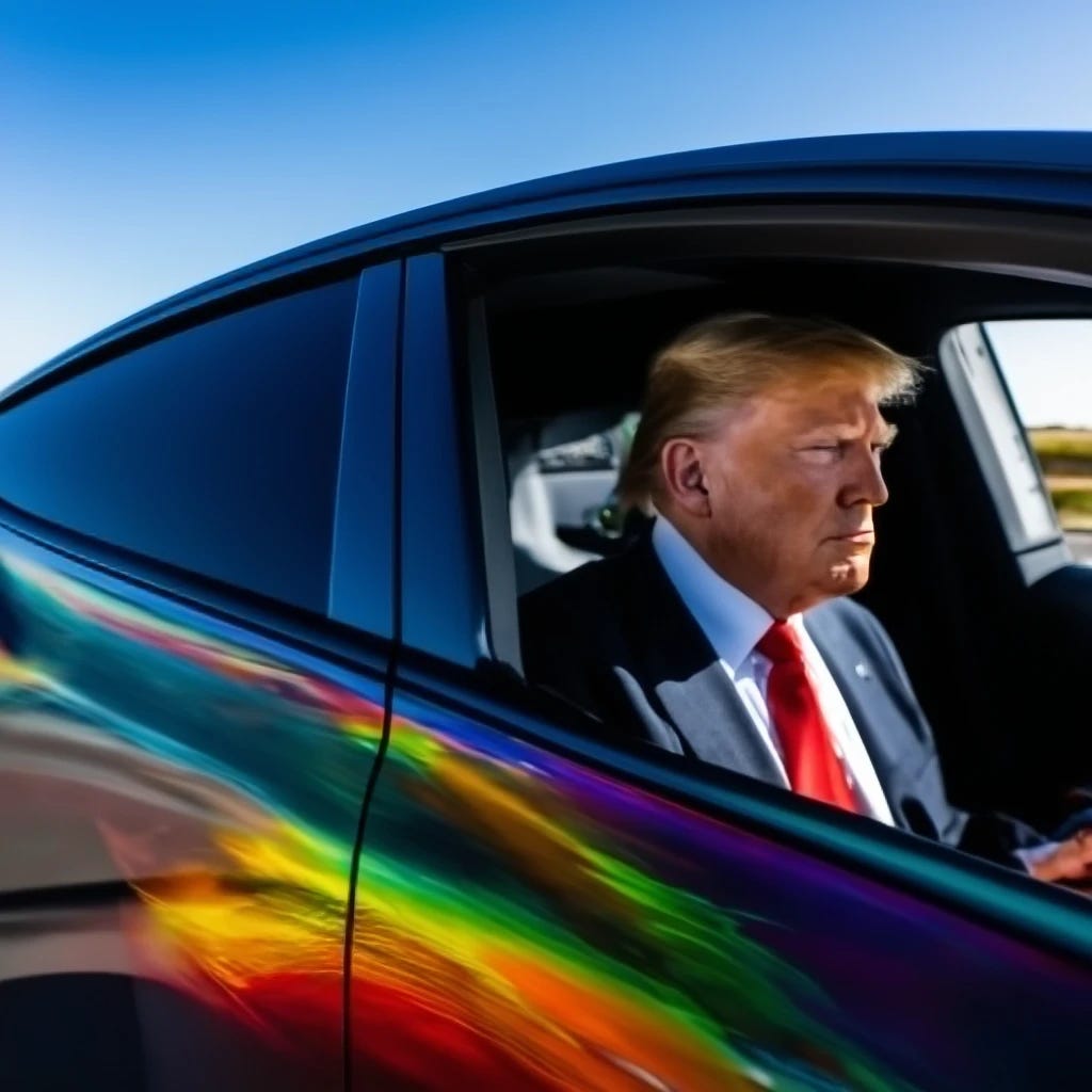 donald trump driving Tesla car with psychadelic imagery