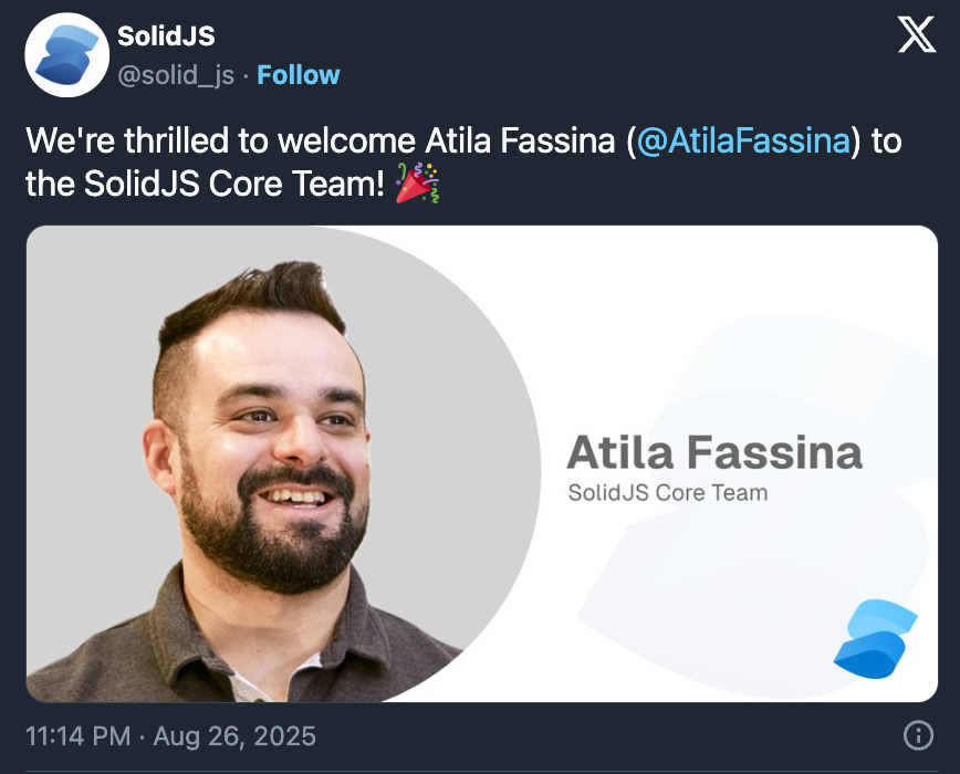 Atila joins SolidJS Core Team