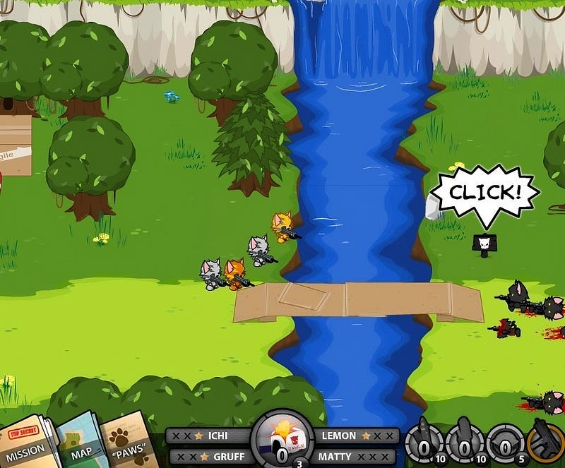 A group of Meowcenaries attacking the Badkatz over a bridge in Meowcenaries.