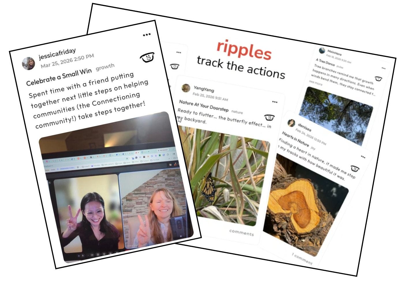 Left: Me and Joheem celebrating a small win — putting together our Community of Practice for Little Steps Today! Right: Ripple effects of reflections people have added to Little Steps Today app. Left: Me and Joheem celebrating a small win — putting together our Community of Practice for Little Steps Today! Right: Ripple effects of reflections people have added to Little Steps Today app.