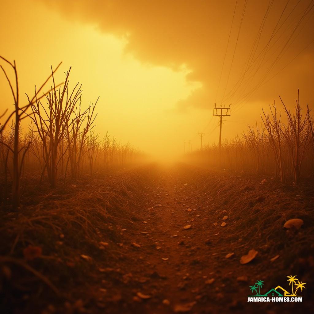 A dramatic, cinematic film still of a Jamaican landscape, showcasing the effects of El Niño, with parched earth, withered crops, and a dusty, barren backdrop, set against a sky with a deep, foreboding orange hue, evoking a sense of impending drought