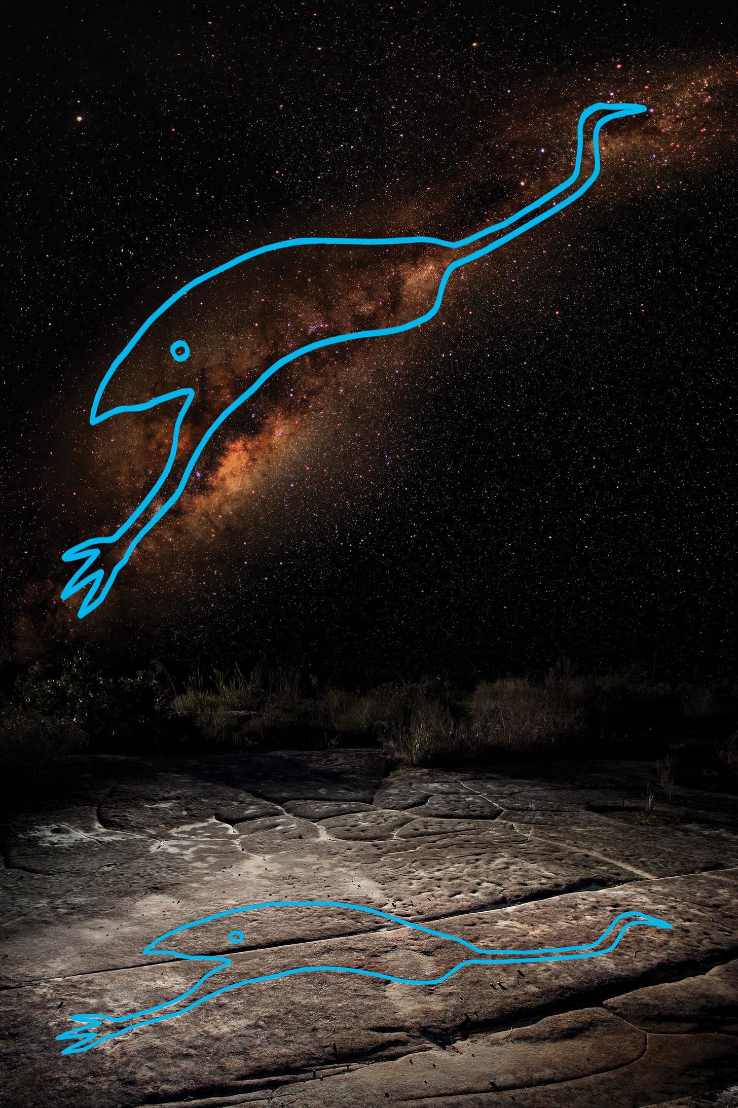 A night photograph of the Milky Way in which a blue outline traces an emu formed by the dark dust lanes, its head at the Southern Cross. Below, a flat sandstone surface with a blue outline over an engraved emu. A night photograph of the Milky Way in which a blue outline traces an emu formed by the dark dust lanes, its head at the Southern Cross. Below, a flat sandstone surface with a blue outline over an engraved emu.