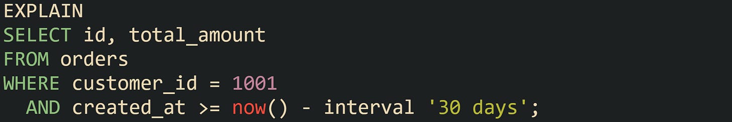 EXPLAIN SELECT id, total_amount FROM orders WHERE customer_id = 1001 AND created_at >= now() - interval '30 days'; EXPLAIN SELECT id, total_amount FROM orders WHERE customer_id = 1001 AND created_at >= now() - interval '30 days';