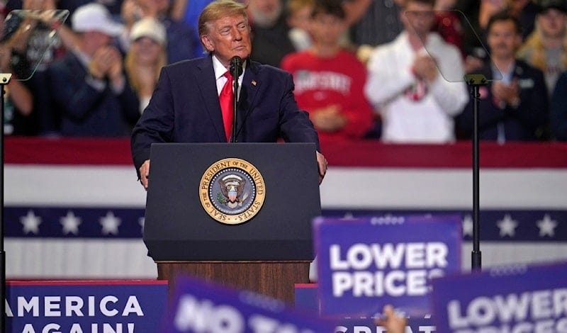 President Donald Trump speaks at a campaign rally at the Covelli Centre, in Youngstown, Ohio, Monday, Oct. 12, 2026. (AP Photo/Gene J. Puskar) President Donald Trump speaks at a campaign rally at the Covelli Centre, in Youngstown, Ohio, Monday, Oct. 12, 2026. (AP Photo/Gene J. Puskar)
