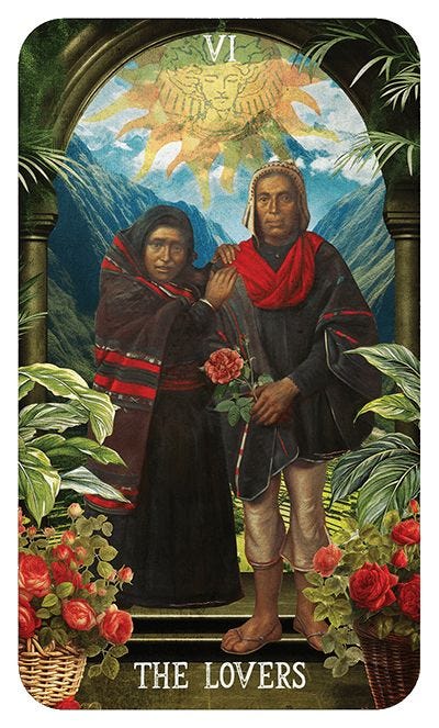 This may contain: two people standing next to each other in front of flowers and plants with the sun above them