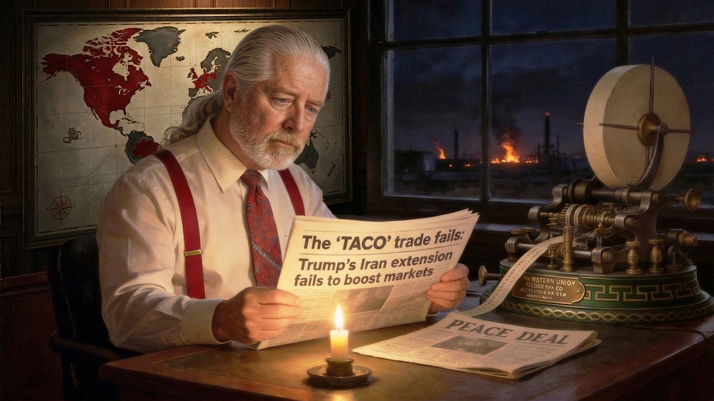 A silver-haired tape reader, Rick Horowitz, sits at a candlelit desk holding a newspaper with the CNBC headline "The 'TACO' trade fails: Trump's Iran extension fails to boost markets" while a ticker tape machine prints beside him and oil refineries burn through the window behind him.