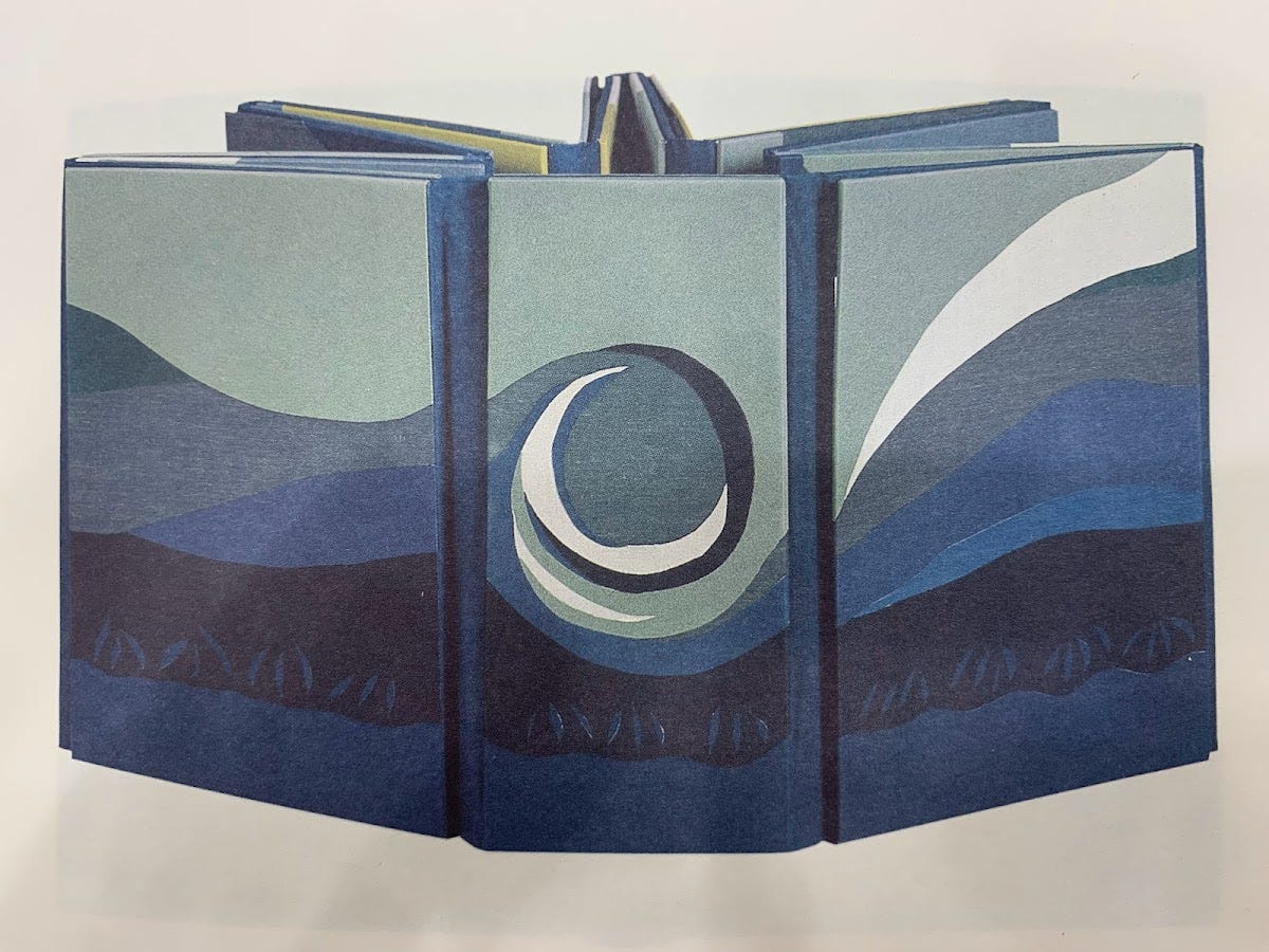 11-paneled binding with rolling mountain motif in blues and greens 11-paneled binding with rolling mountain motif in blues and greens