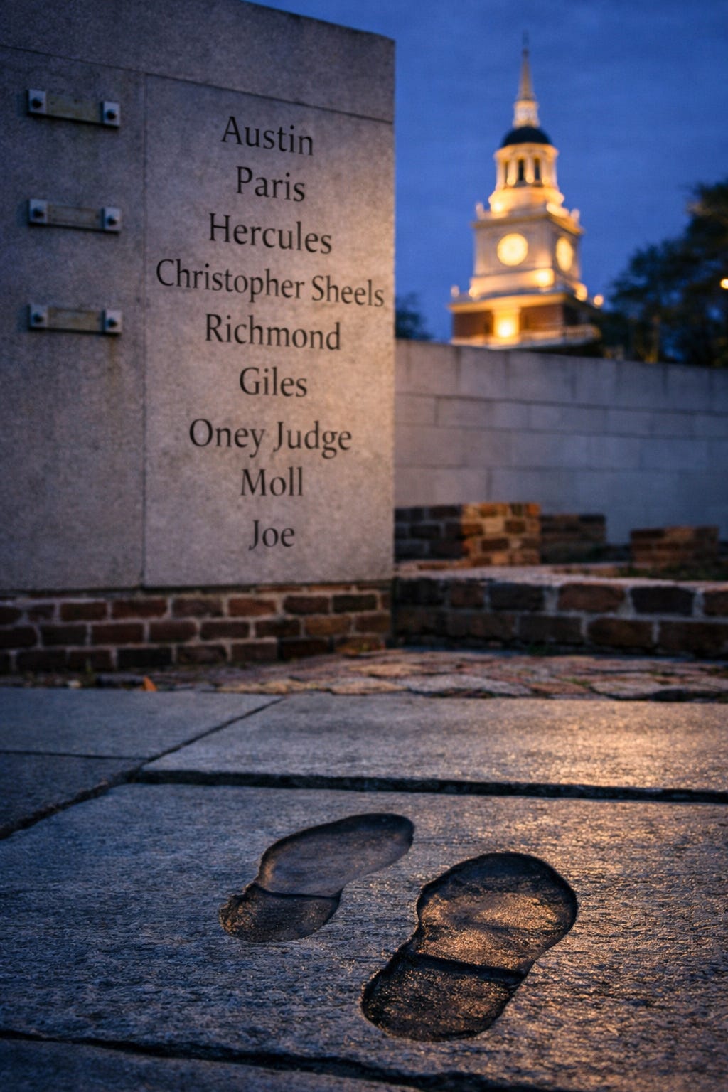 Alt text: Ground-level view of the President's House Site in Philadelphia at dusk showing Ona Judge's embedded footsteps in the foreground, exposed brick foundations and cement name wall in the middle ground, and Independence Hall illuminated in the background. Empty panel mounting brackets are visible on a wall surface.