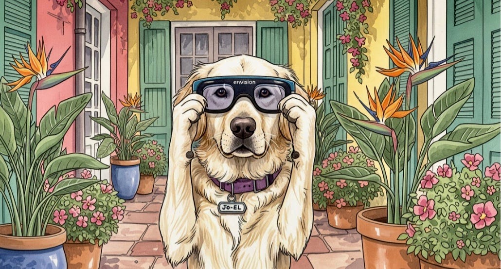 Cartoon image of golden retriever,  Jo-El, a guide dog trying on her owners new vision glasses.