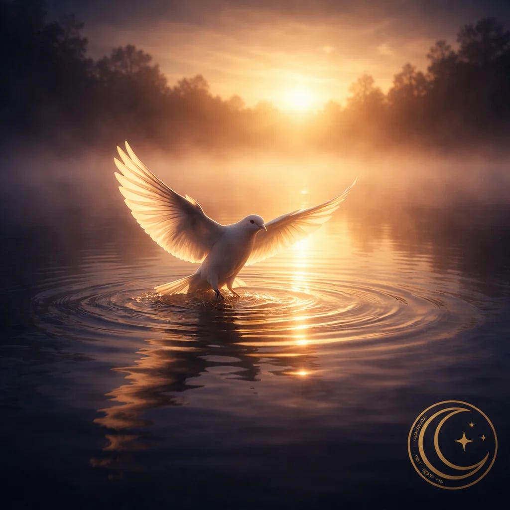 MoonInMental aromatherapy image for New Moon in Aquarius February 2026. Bird landing on still water at dawn with ripples spreading representing learning to trust safety after trauma.