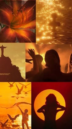 This may contain: the silhouettes of people and birds are shown in this collage