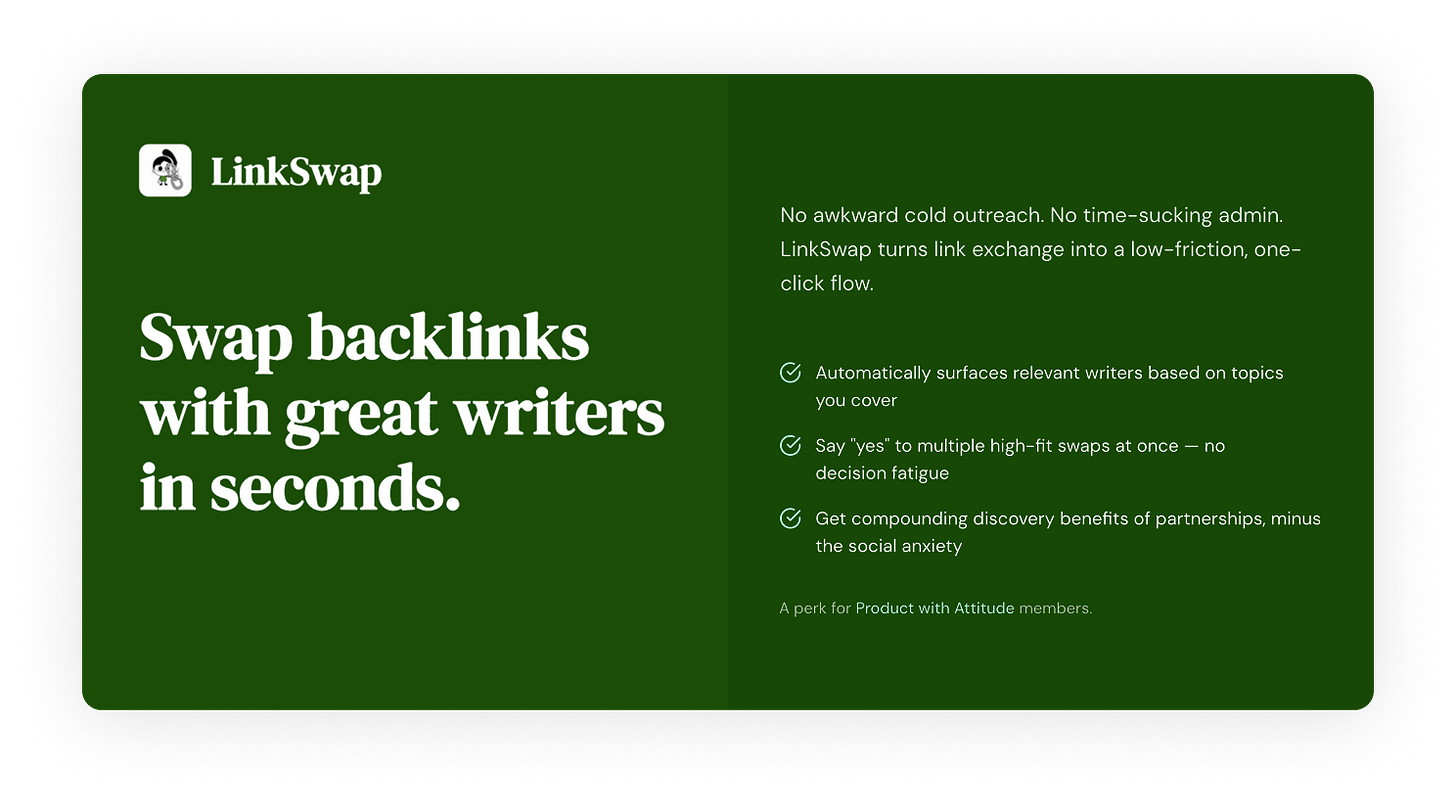 LinkSwap landing card promoting backlink swapping for writers with features like automatic topic matching, batch approvals, and compounding discovery benefits — a Product with Attitude member perk.