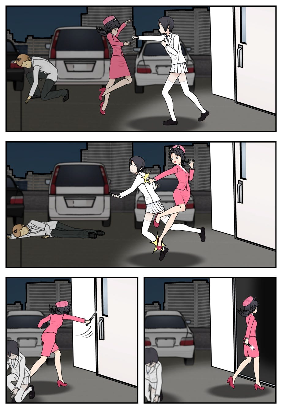 Rae fights off one more Invidius staffer, then breaks into the building.