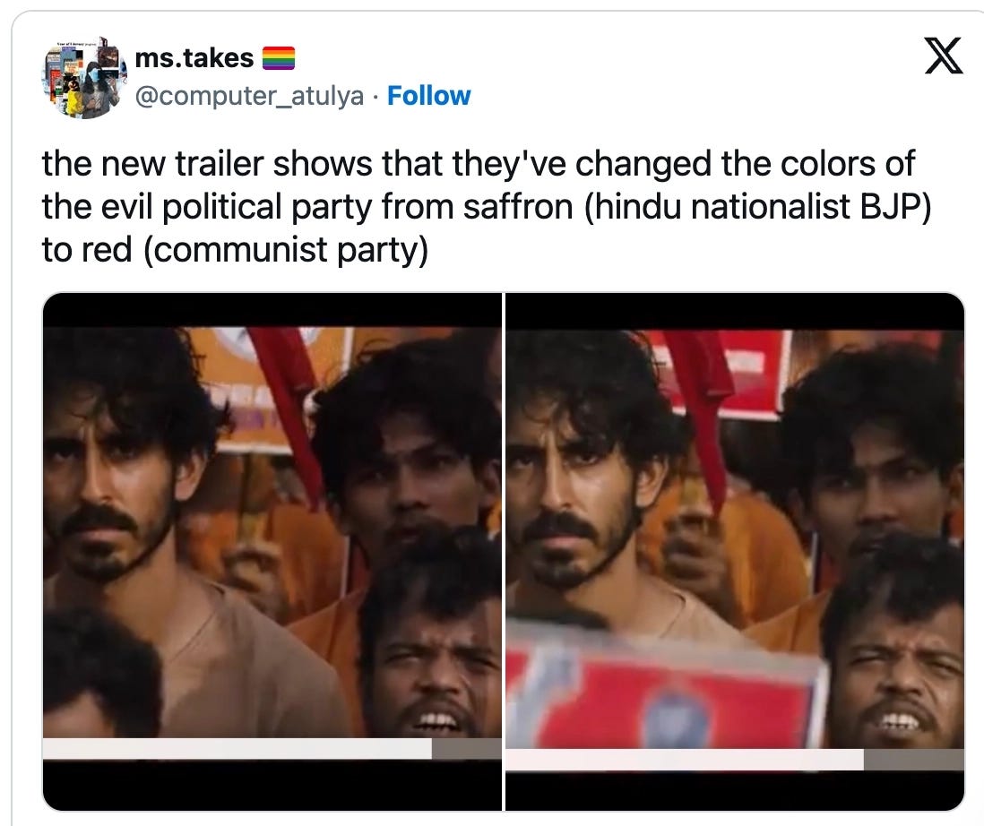 Side-by-side comparison images of a trailer scene from Monkey Man showing a digital color correction from orange-saffron banners to red flags to mitigate political sensitivity. Side-by-side comparison images of a trailer scene from Monkey Man showing a digital color correction from orange-saffron banners to red flags to mitigate political sensitivity.