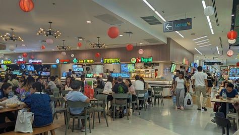 scenes from mall food courts + vendors cooking at food stalls in Bangkok, Thailand including a Dunkin' Donuts