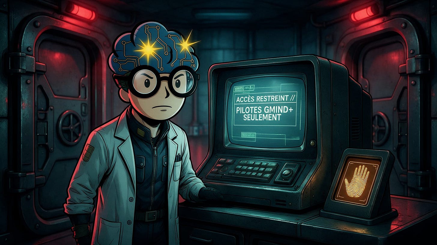 Illustration de style bande dessinée montrant GMIND-BOY à côté d'un terminal rétro-futuriste affichant un avertissement d'accès restreint pour les pilotes GMIND+ dans un couloir blindé. Illustration de style bande dessinée montrant GMIND-BOY à côté d'un terminal rétro-futuriste affichant un avertissement d'accès restreint pour les pilotes GMIND+ dans un couloir blindé.