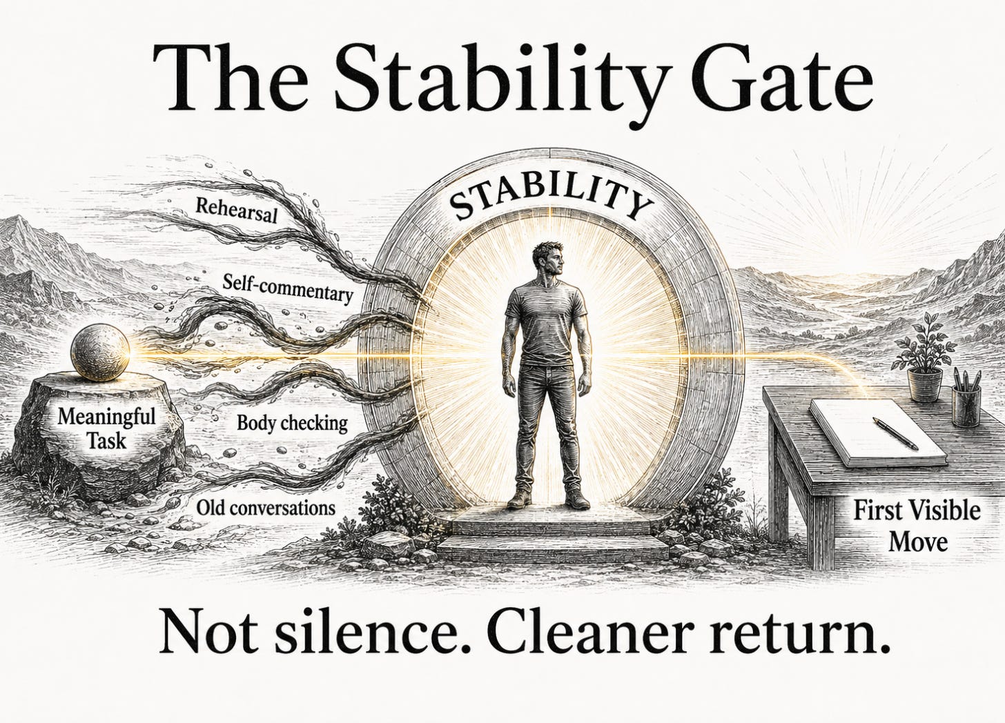 Infographic showing a meaningful task, internal noise, a stability gate, and a first visible move as the path into deep work. Infographic showing a meaningful task, internal noise, a stability gate, and a first visible move as the path into deep work.