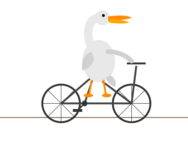 Illustration of a white goose riding a bicycle, with one wing extended forward to grip the handlebar, set against a plain white background with a brown ground line. Illustration of a white goose riding a bicycle, with one wing extended forward to grip the handlebar, set against a plain white background with a brown ground line.