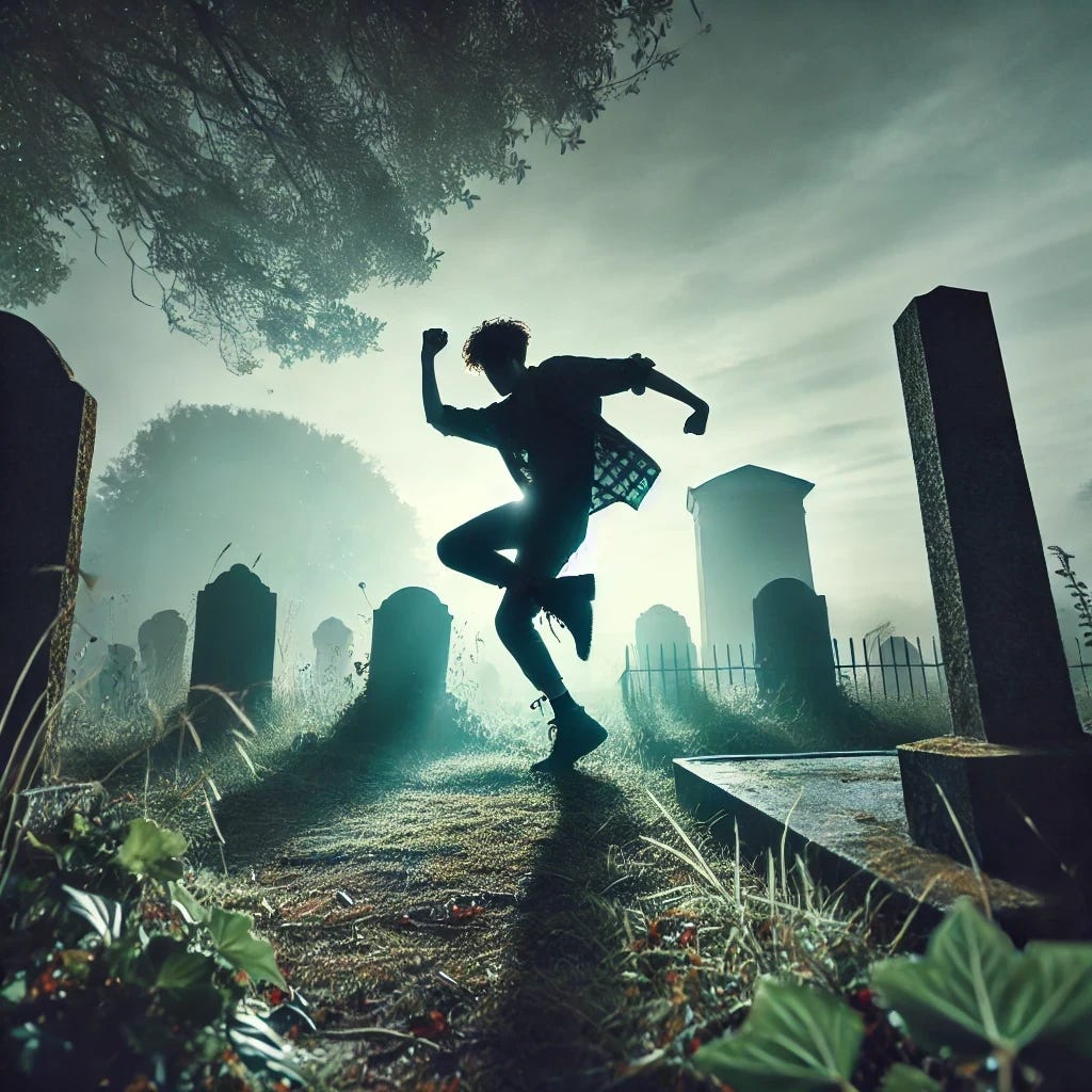 A dynamic scene of a person dancing on a grave in a moody, twilight graveyard setting. The dancer has an energetic, rebellious stance, mid-motion, perhaps with one arm raised or twirling. They are surrounded by old, weathered gravestones with no crosses, and overgrown grass and ivy scattered throughout. The lighting is dim, casting long shadows across the gravestones, with a haunting yet artistic atmosphere. The colors are muted, mostly shades of gray, green, and dark blue, with a touch of light from the fading sun or moon. Remove the highlighted parts of the image. A dynamic scene of a person dancing on a grave in a moody, twilight graveyard setting. The dancer has an energetic, rebellious stance, mid-motion, perhaps with one arm raised or twirling. They are surrounded by old, weathered gravestones with no crosses, and overgrown grass and ivy scattered throughout. The lighting is dim, casting long shadows across the gravestones, with a haunting yet artistic atmosphere. The colors are muted, mostly shades of gray, green, and dark blue, with a touch of light from the fading sun or moon. Remove the highlighted parts of the image.
