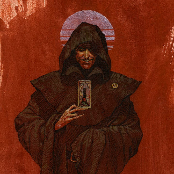 LEFT: Detail from THE TOWER CARD featuring the Man in Black set against a background of blood red brushstrokes. His head is framed by a striated full moon. His mouth is turned up in a rictus exposing pointed teeth. RIGHT: Close detail from THE TOWER CARD featuring the Man in Black presenting a tarot card. Beneath the folds of his hooded robe, one eye falls completely in shadow while the other is a yellow ring punctuated by a red. His mouth is turned up in a rictus exposing pointed teeth as he holds up a card labeled with the Roman numeral 19. The picture is of a tower with sweeping winds around it and a rose prominently set in front.