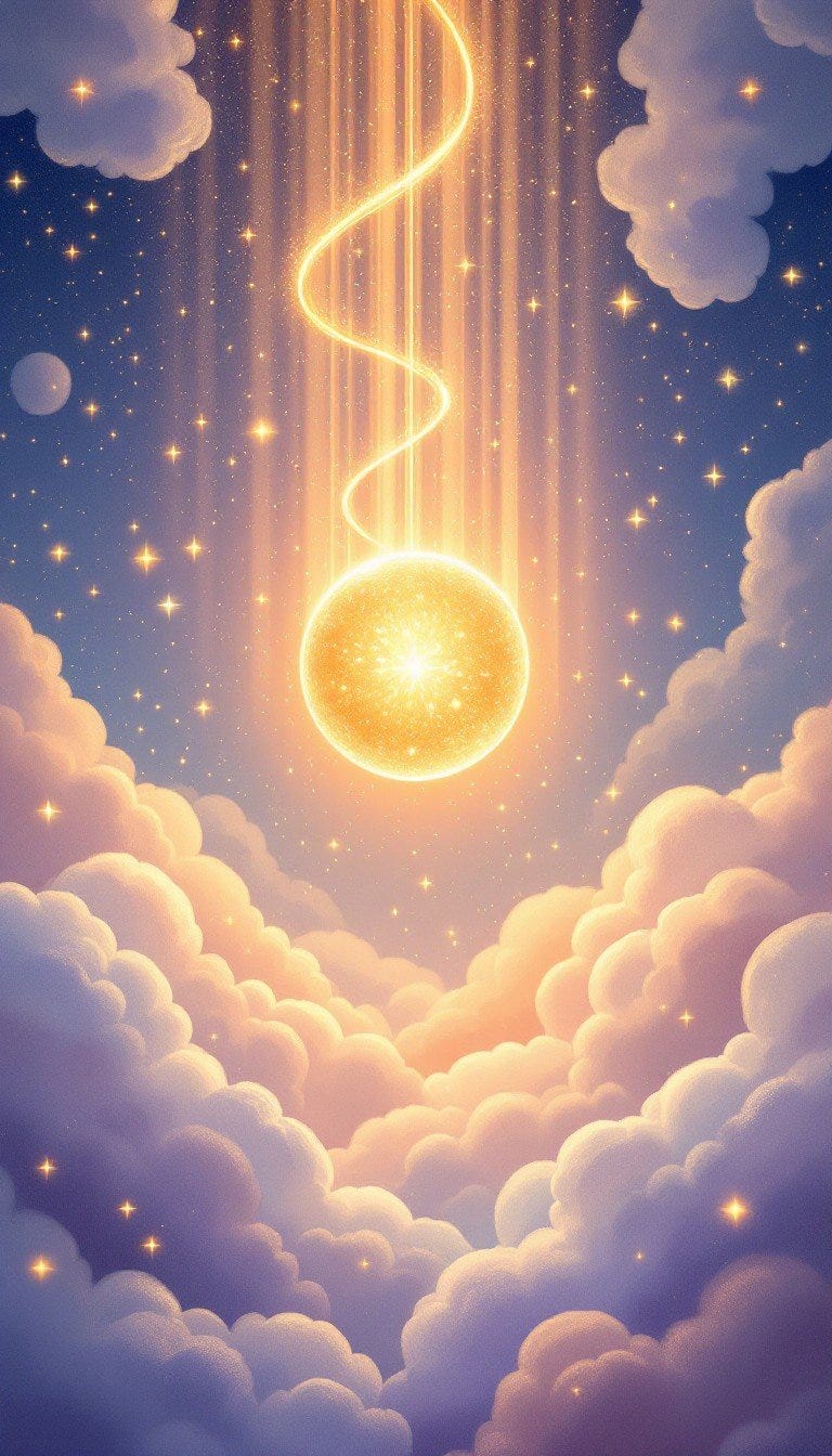 In a dreamy twilight realm, a luminous golden orb radiates warm, spiraling beams of light that dance upward through layers of soft, billowing clouds. Tiny sparkles float like stardust throughout the scene, creating a magical atmosphere. The peaceful composition blends warm golden rays with gentle purples and corals, while ethereal light patterns weave through the cloudy sky. This enchanting scene captures the essence of wonder and imagination, perfect for dreams and bedtime stories.