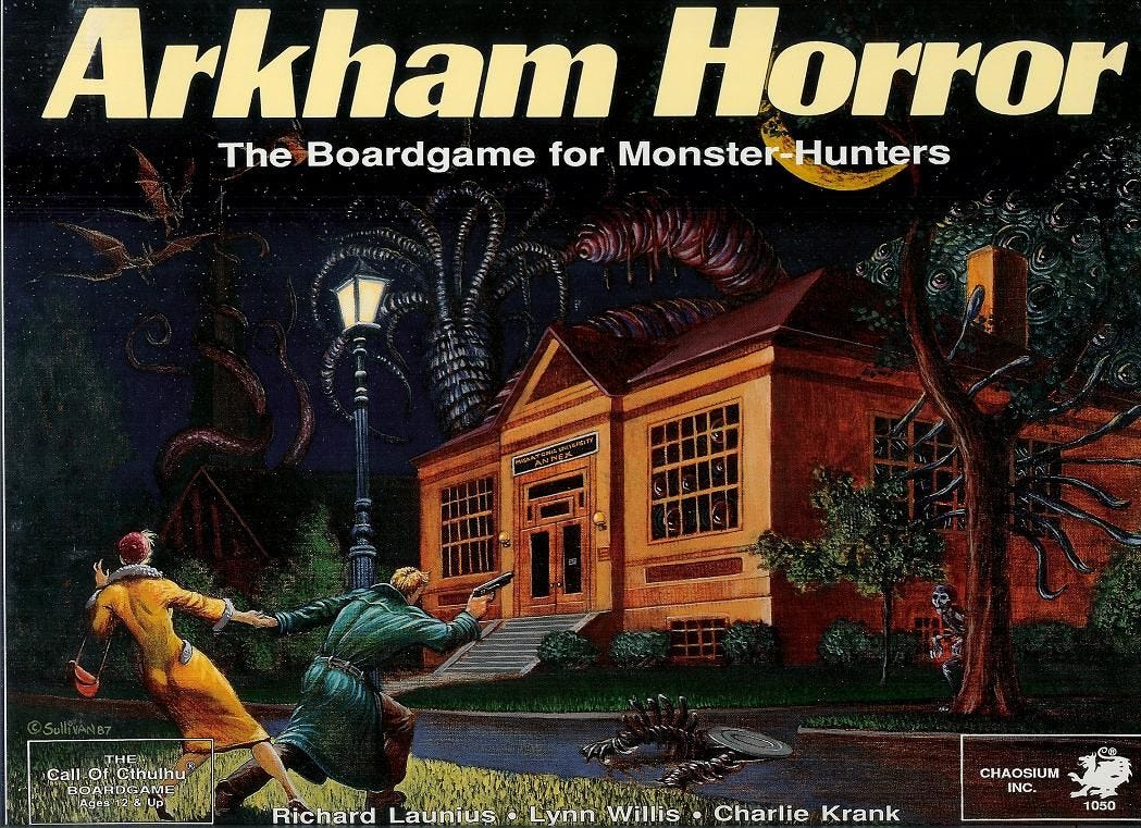 The box cover for "Arkham Horror." A pulp-inspired image of a man dragging a socialite towards safety as he threatens cosmic horrors with a gun. As if that would help. The box cover for "Arkham Horror." A pulp-inspired image of a man dragging a socialite towards safety as he threatens cosmic horrors with a gun. As if that would help.