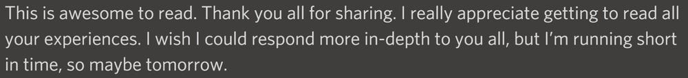 A comment from our Discord channel. Contact us to learn more about how to join! A comment from our Discord channel. Contact us to learn more about how to join!