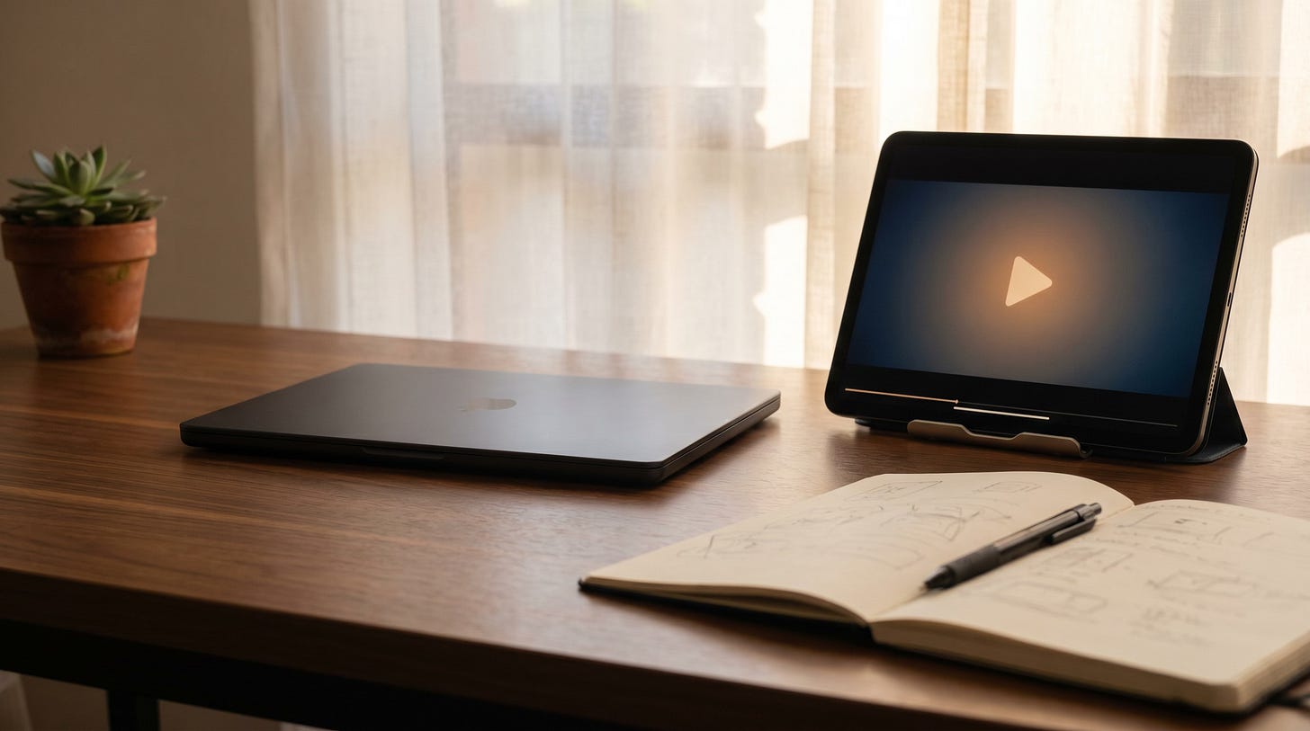 A closed dark-grey laptop on a warm walnut desk in late-afternoon light, beside it an iPad showing a paused video frame with a single amber play-triangle centred.