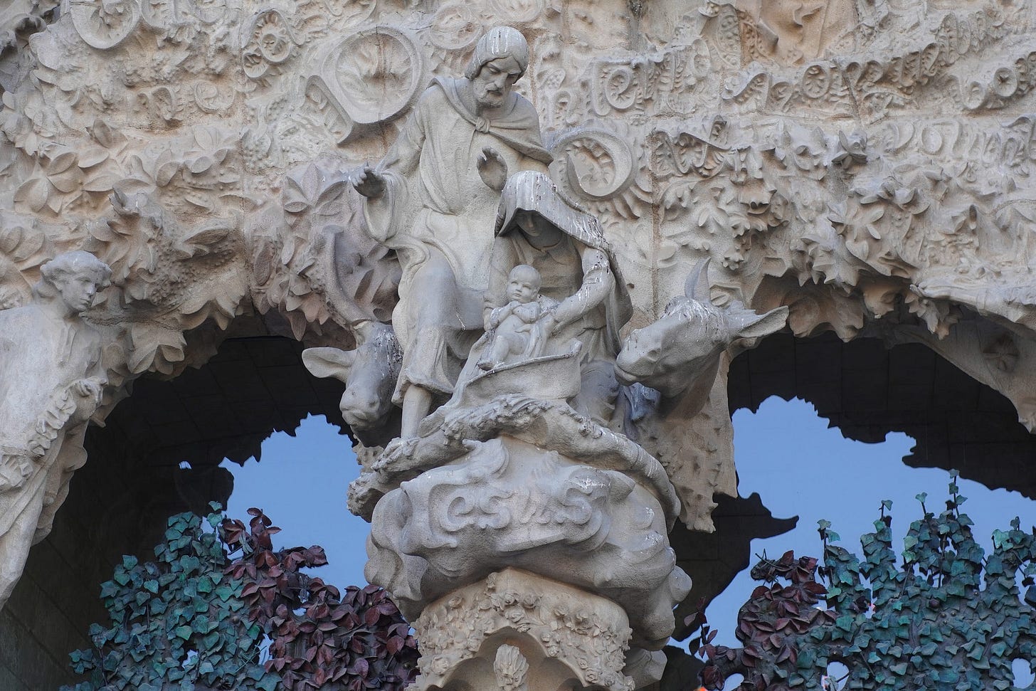 The Sacred Family depicted in stone on the Nativity Façade of La Sagrada Família