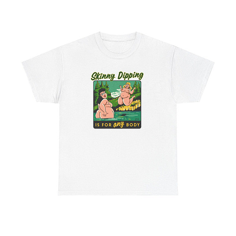 A gallery of past Planet Nude Skinny Dip Day merch featuring Zaftig Pink's previous designs. The 2024 art, a sunny, crowded beach scene of diverse nude cartoon figures, appears on a white ceramic mug and a white jersey tank. The 2025 art, a vivid purple cosmic scene of nude aliens and astronauts, appears on a white jersey tank and a white ceramic mug.