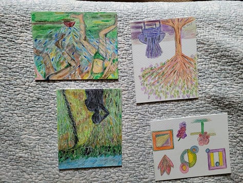 Woman with art easel, a bouquet of flowers, a series of artworks