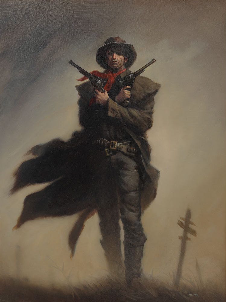 With a stolid, determined expression, Roland steps forward with arms crossed in front of him. The brim of his hat shades his eyes but can't hide his penetrating stare. Looking like death incarnate, he holds his big revolvers to form a large X. His belts are similarly crossed at his waist. The dusty, windswept tone of the painting is broken only by the brilliant red fabric tied about his neck. Both his kerchief and his long duster are caught by the breeze as is the rough clump of grass in front of him. With a stolid, determined expression, Roland steps forward with arms crossed in front of him. The brim of his hat shades his eyes but can't hide his penetrating stare. Looking like death incarnate, he holds his big revolvers to form a large X. His belts are similarly crossed at his waist. The dusty, windswept tone of the painting is broken only by the brilliant red fabric tied about his neck. Both his kerchief and his long duster are caught by the breeze as is the rough clump of grass in front of him.