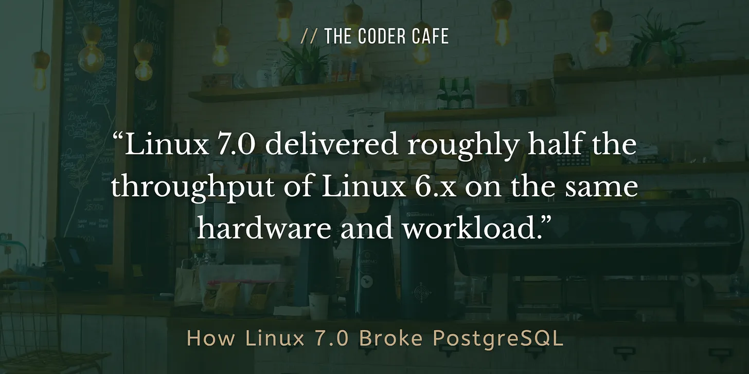 Linux 7.0 delivered roughly half the throughput of Linux 6.x on the same hardware and workload.