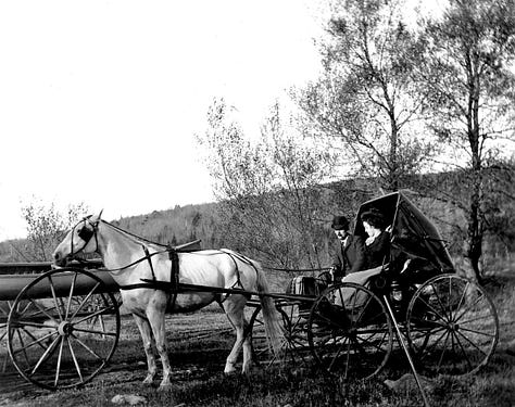 Postcard showing the Brant Rock Radio Tower ; photo of Jack Howard in his radio room ; photo of a covered buckboard carriage with an elegant couple