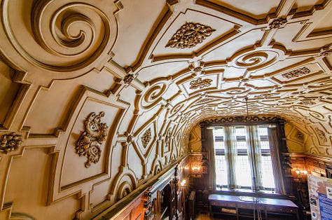 Three images of the exterior and interior of the Evanston History Center, a chateauesque residence formerly owned by U.S. Vice President Charles Gates Dawes.