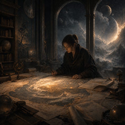 A nine-image conceptual visual essay showing different forms of creative atmosphere. The images include a person reading beside falling rain, a writer under an approved cloud in an institutional room, a figure seated before a large projected weather diagram, a person studying maps under golden light, a worldbuilder drawing over a glowing cosmic map, a quiet interior with several rooms and changing atmospheres, and two reflective portraits of writers in warm and shadowed light. The set explores the idea that creative work has its own emotional, symbolic, intellectual, and atmospheric weather.