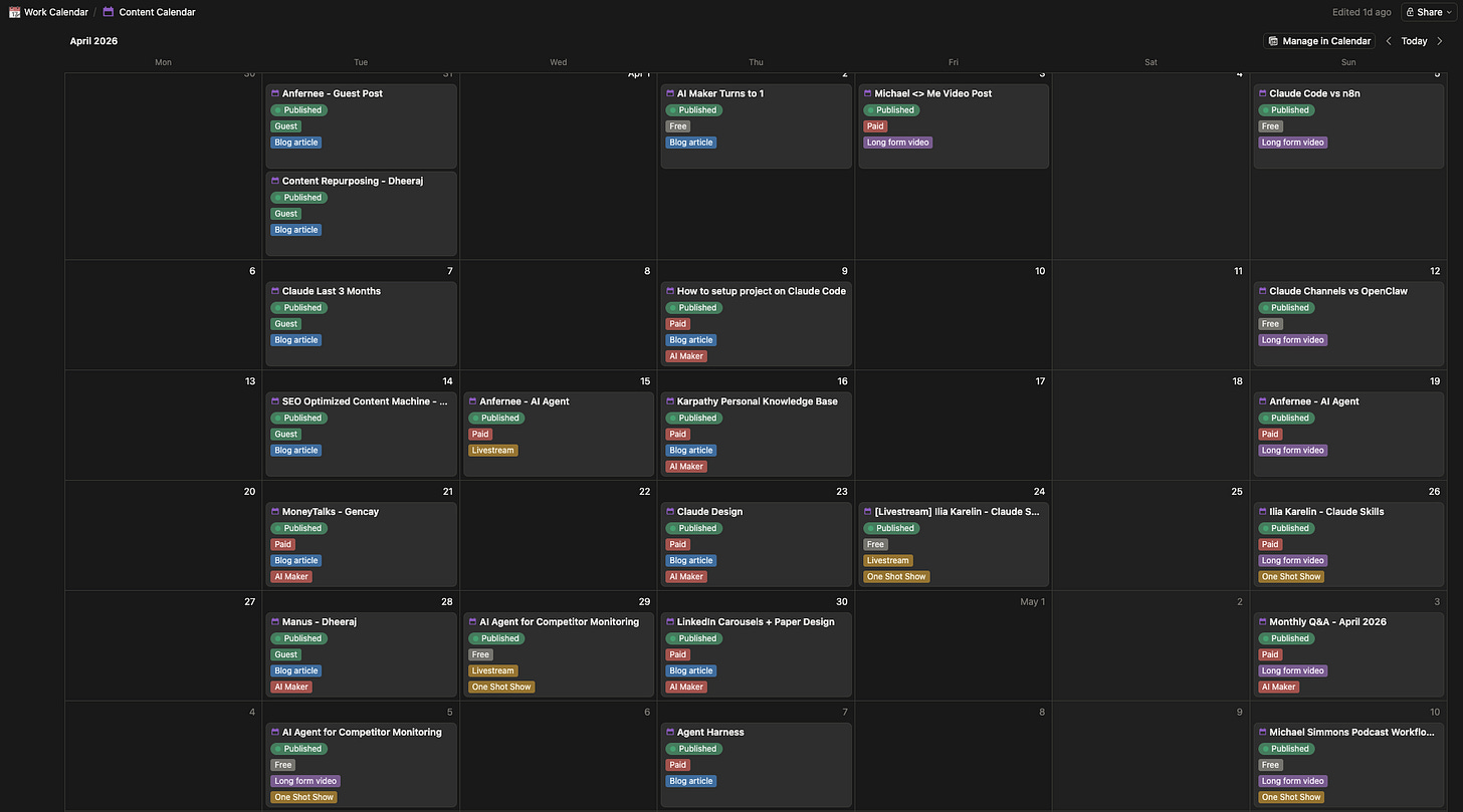 Notion calendar for AI Maker content