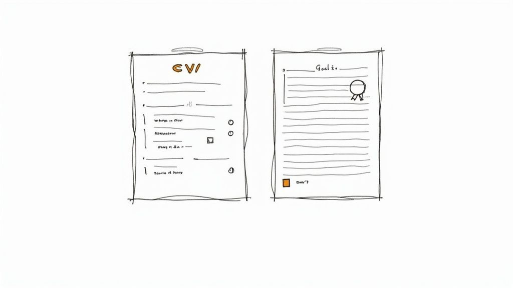 A hand-drawn sketch showing two documents: a CVI checklist on the left and a goal list with a medal icon on the right.
