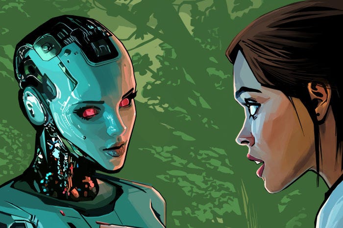 Illustration of a woman touching a female robot.