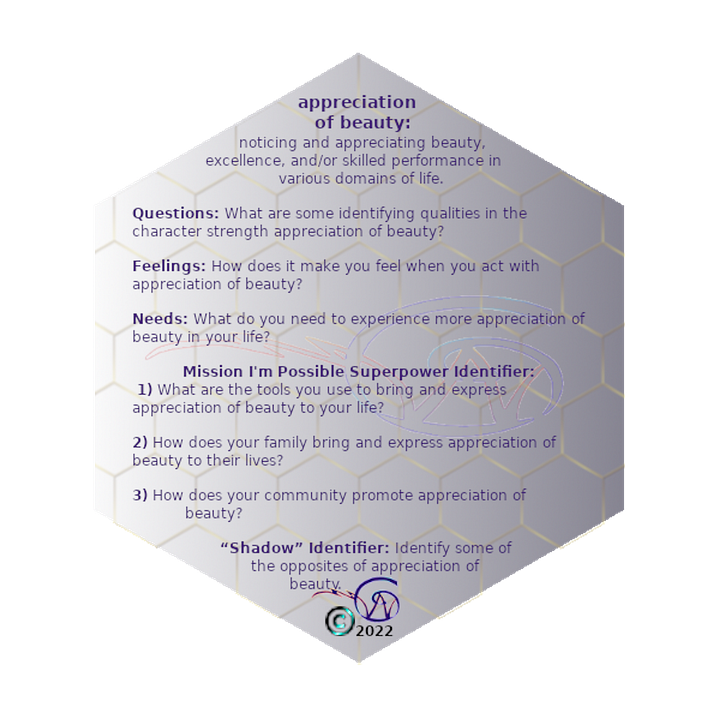 game card, VIA Character Strengths and Virtues, Appreciation of Beauty, definition and missions for the game SparkITude.
