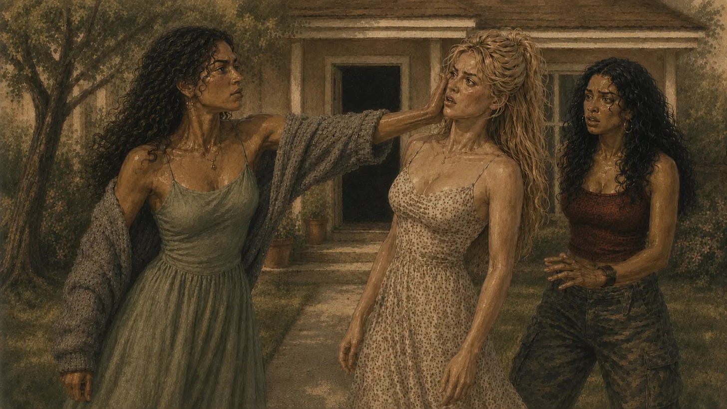 Three young Latina women outside a house at dusk. On the left, a dark-haired woman in a green dress slaps a blonde woman in a floral dress, while a third woman stands to the side with a shocked expression. The muted, shadowed scene captures a tense confrontation.